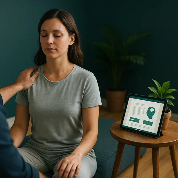 Betreuung für Ihre Gesundheit | Persönliche Körperpsychotherapie & digitale Lösungen – Paul Hafemann Klientin sitzt entspannt auf einer Matte in einem ruhig eingerichteten Therapieraum mit dunkeltürkisen Wänden, der Therapeut legt sanft die Hand auf ihre Schulter, daneben steht ein Tablet mit geöffneter digitalen Anleitung und grünen Akzenten.