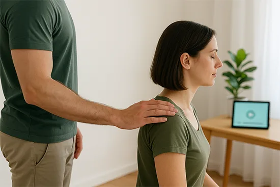 Fotorealistisches 4:3-Bild: Der Oberkörper und Arm eines sportlichen Therapeuten, nur von hinten sichtbar, legen sanft eine Hand auf die Schulter einer sitzenden Klientin im Profil; im Hintergrund steht ein Tablet mit Play-Symbol und Fortschrittsleiste in Blattgrün auf einem Holztisch, neben einer Zimmerpflanze.