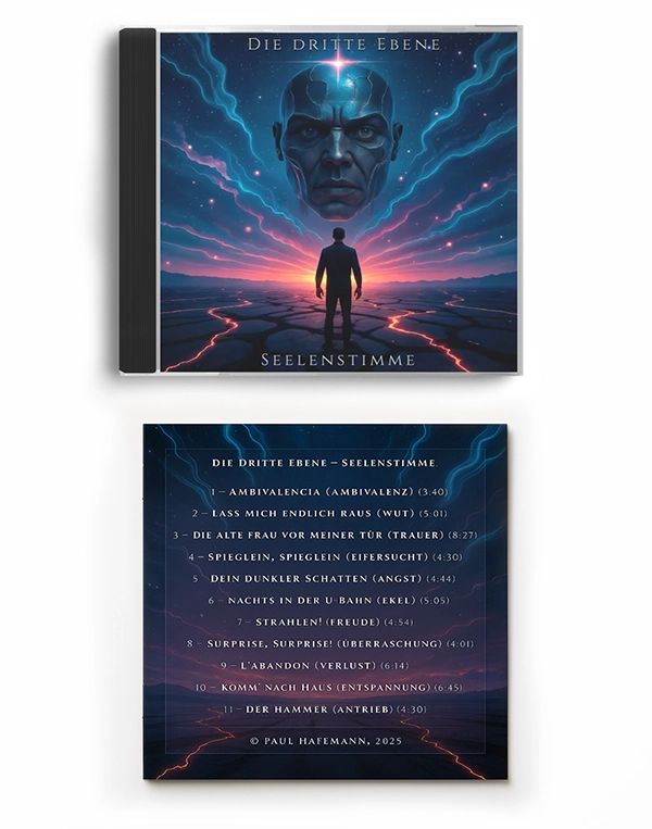 Produktfoto der CD „Die dritte Ebene – Seelenstimme“ von Paul Hafemann: Jewelcase mit blau-violettem Covermotiv (schwebender metallischer Kopf über Silhouette mit Energiestrahlen) und Rückseite mit Tracklist der 11 Songs, jeweils einer Emotion zugeordnet.