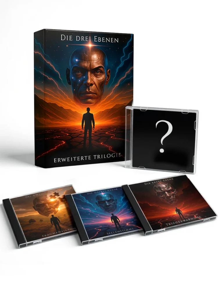 Produktfoto „Die drei Ebenen – Erweiterte Trilogie Deluxe“: Boxset mit Cover in leuchtendem Blau-Orange, drei CD-Hüllen der Kapitel Triggerwarnung, Fragmentierung und Seelenstimme sowie exklusive Bonus-CD in Jewelcase.