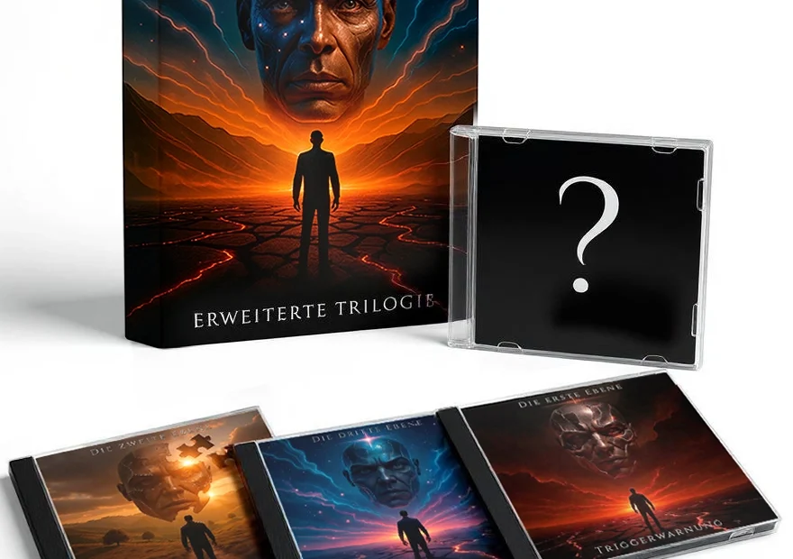 Produktfoto „Die drei Ebenen – Erweiterte Trilogie Deluxe“: Boxset mit Cover in leuchtendem Blau-Orange, drei CD-Hüllen der Kapitel Triggerwarnung, Fragmentierung und Seelenstimme sowie exklusive Bonus-CD in Jewelcase.