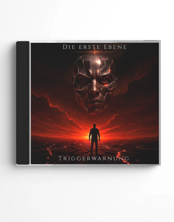 Frontansicht der CD „Die erste Ebene – Triggerwarnung“ von Paul Hafemann mit rotem Covermotiv: schwebender metallischer Kopf über Silhouette vor glühendem Horizont.