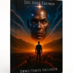 3D-Mockup der Deluxe-Box „Die drei Ebenen – Erweiterte Trilogie“ mit leuchtendem Covermotiv: schwebender metallischer Kopf, Energiestrahlen, Silhouette vor glühendem Horizont.