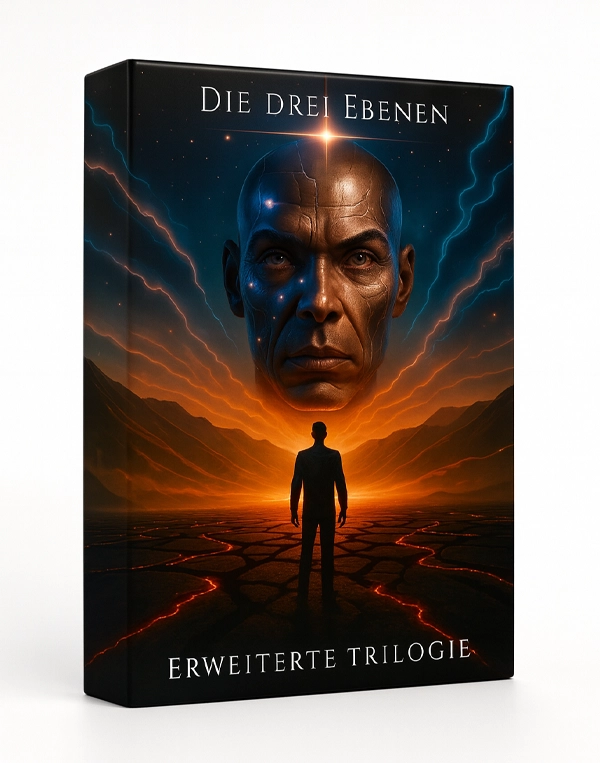 3D-Mockup der Deluxe-Box „Die drei Ebenen – Erweiterte Trilogie“ mit leuchtendem Covermotiv: schwebender metallischer Kopf, Energiestrahlen, Silhouette vor glühendem Horizont.