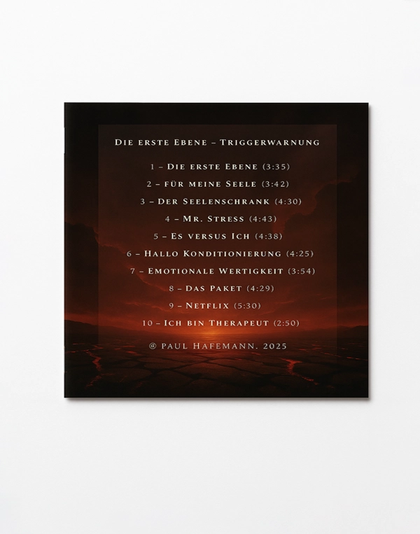 Rückseite der CD „Die erste Ebene – Triggerwarnung“ von Paul Hafemann mit rotem Hintergrund und Tracklist der 10 Songs in weißer Schrift.