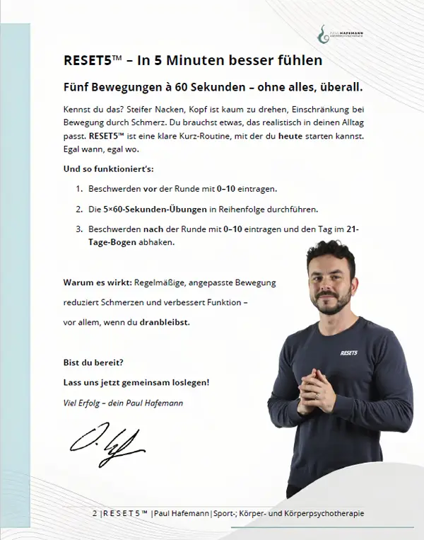 RESET5™ Nackenschmerzen – Einführung und Anleitung der 5×60-Sekunden Übungen im PDF-Programm mit Paul Hafemann.