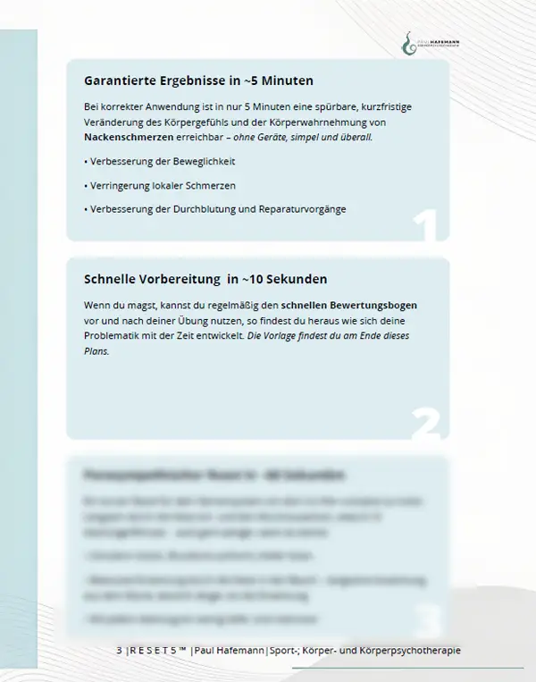 RESET5™ Nackenschmerzen – Infoseite im PDF-Programm zu garantierten Ergebnissen, Vorbereitung und Ablauf der Übungen.