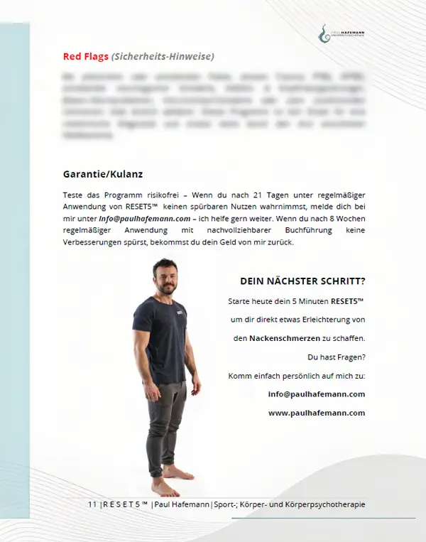 RESET5™ Nackenschmerzen – Sicherheitshinweise, Red Flags und Geld-zurück-Garantie im PDF-Programm.