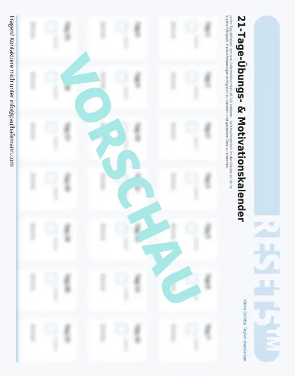 RESET5™ Nackenschmerzen – 21-Tage-Übungskalender und Motivationsplan als Vorschau im PDF-Programm.
