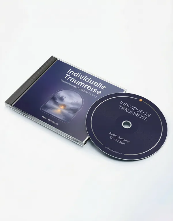 CD-Mockup zur individuellen Traumreise: Jewelcase und Disc, personalisiertes Audio (20–30 Minuten) von Paul Hafemann.
