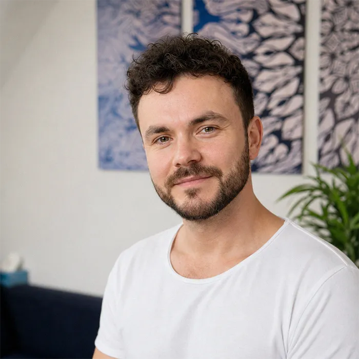 Paul Hafemann steht freundlich lächelnd in seiner Praxis vor einer weißen Wand mit blauen Wandbildern und einer Pflanze im Hintergrund.