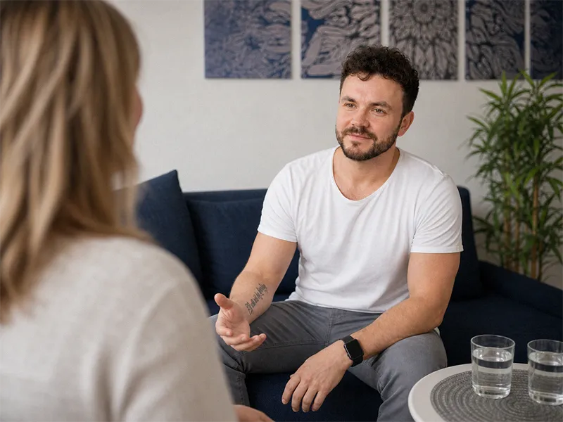 Paul Hafemann sitzt im Praxisraum auf einer blauen Couch und hört einer Klientin aufmerksam zu. Die Szene zeigt eine ruhige, empathische Gesprächssituation mit professioneller Körpertherapie.