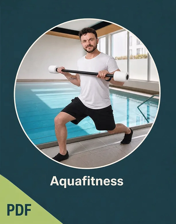 Paul Hafemann zeigt eine Aquafitness-Übung mit Schaumstoff-Langhantel am Schwimmbecken.