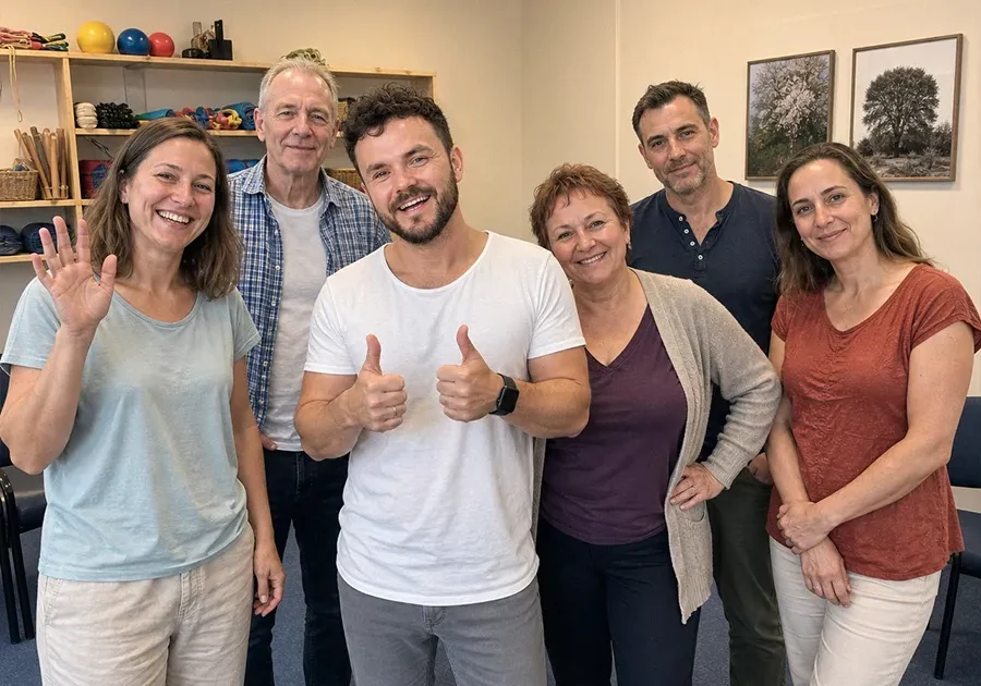 Eine freundliche Gruppe Erwachsener steht gemeinsam mit Paul Hafemann in einem Therapieraum mit blauen Teppichboden, Regal mit Übungsmaterialien und Stuhlkreis.