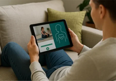 Person sitzt entspannt auf einem hellen Sofa und hält ein Tablet mit geöffneter Yoga-Übung und schematischer Körper-und-Herz-Grafik in Blattgrün; im Hintergrund ein grünes Kissen und eine Topfpflanze.