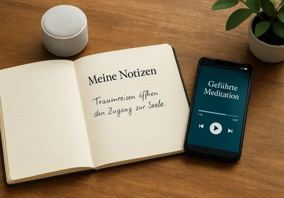 Offenes Notizbuch mit eleganter Überschrift „Meine Notizen“ und krakeligem Handtext „Traumreisen öffnen den Zugang zur Seele.“, daneben ein Smartphone mit der App „Geführte Meditation“, Play-Button und Zeitleiste bei 1:18 von 5:00, flankiert von einem Bluetooth-Lautsprecher und einer Topfpflanze auf einem Holztisch.