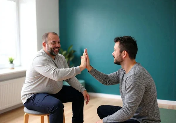 Paul Hafemann, Sport- und Körpertherapeut, gibt einem lächelnden Klienten ein High-Five in einem hellen Behandlungsraum mit dunkel-türkisfarbener Wand, Heugrün-Matte und Blattgrün-Kissen.